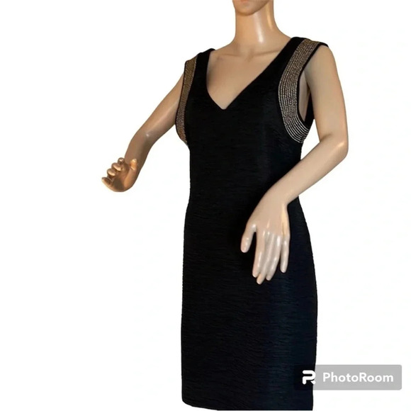 Beaded dress Medium.Black sleeveless textured V-neck ,beaded ,low  back,midi - Picture 1 of 14